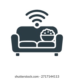 Symbol "Binge-Watching": ein Sofa mit Signalwellen (wie WiFi) und eine Schüssel Popcorn.