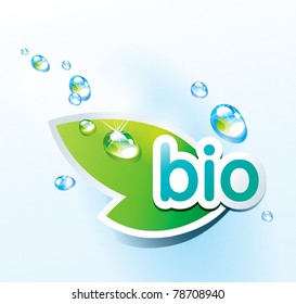 Icon bio with a green leaf and water drops. Vector illustration.