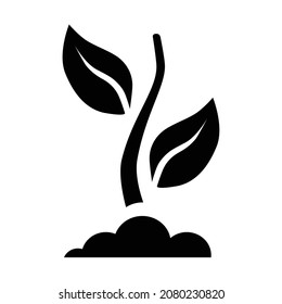 Icon bio product. Sprout sprouting from the ground with two leaves. Gardening and planting. Healthy food, eco products. Vector illustration isolated on white background in simple style.