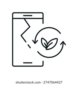 
Icon of bio self-healing smartphone technology designed in minimalist style. The stylized mobile device features two leaves displayed on the screen, symbolizing natural regeneration and eco-friendly innovation. Circular arrows wrap around the phone, representing continuous repair cycles and sustainable recovery. A fading crack on the display illustrates the concept of autonomous healing, where damage disappears through advanced bio-inspired nanomaterials. The icon is drawn in thin black lines