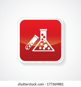 Icon of Biochemistry and microbiology equipment. Test tube & Beaker on Red Glossy Button. Eps-10.