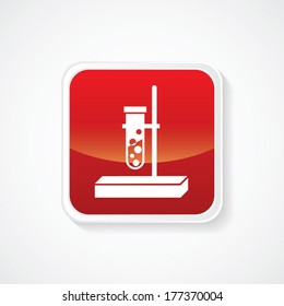 Icon of Biochemistry and microbiology equipment. Test tube on Red Glossy Button. Eps-10.