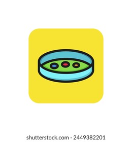Icon of biological sample in petri dish. Laboratory, glassware, bacteria. Medical research concept. Can be used for topics like pathogen, infection, cancer cell