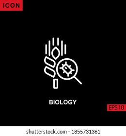 Icon biology wheat with magnifying bacteria vector on black background. Illustration line, linear, outline and lineal icon for graphic, print media interfaces and web design.