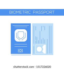 Icon of biometric passport in blue colors and lines. Two pages - cover and card with information about holding person. Outline symbol of document. Flat vector