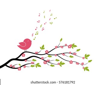 Icon bird sings a song from the musical notes. Vector illustration on white background.