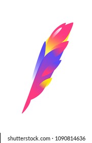 Icon of the bird's feather. Flat gradient illustration. Vector illustration. Bright fairy-tale logo of the pen. Company logo, symbol, brand, emblem. Fashionable visual series. A pink feather.