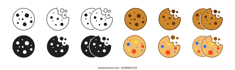 Сookie icon. Bite biscuit symbol. Chocolate cookie, bakery bite dessert, cookie crumbs.

