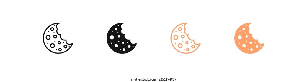 Сookie icon. Bite biscuit symbol. Snack signs. Cookies file symbols. Dessert icons. Food progress. Black and orange color. Vector isolated sign.