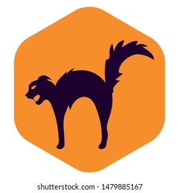 Icon black cat, menacingly there, the back pressed against the ears and vestibules wool. Halloween picture outline.Vector illustration in flat style isolated on white background for web design.