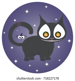 Icon with a black cat in whose eyes glowed Halloween pumpkins with a small spider in a hat on the tail in the background of the starry sky