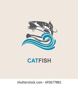 icon of black catfish with blue waves