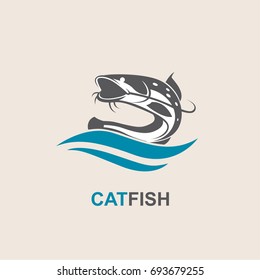 icon of black catfish with blue waves