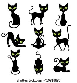 Icon black cats set cute pets in various poses with big green eyes isolated vector illustration