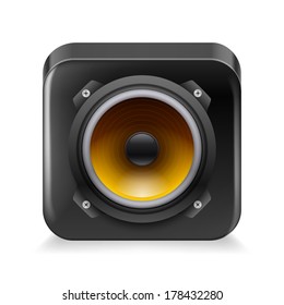 Icon of black framed sound speaker on white background