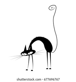 Icon of a black frightened cat. Cat with a long swirling tail. Vector illustration.