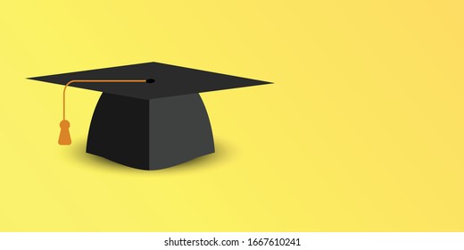 Icon black graduation cap with red tassel with diploma on top on yellow background.Vector illustration.