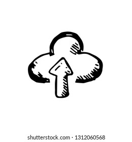 Icon black Hand drawn Simple outline Cloud Upload symbol. vector Illustrator. on white background