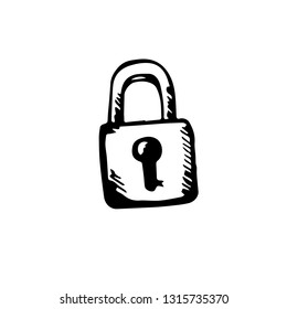 Icon black Hand drawn Simple outline Locked padlock Symbol. vector Illustrator. on white background