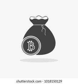 icon, black money bag with bitcoin signal with shadow on background, vector illustration