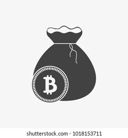 icon, black money bag with bitcoin signal on background, vector illustration