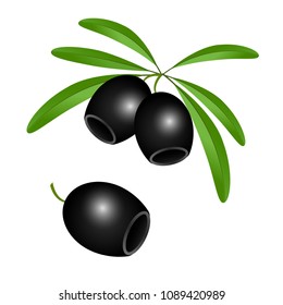 Icon of black olives without pits on white background isolated. Vector illustration for decoration of banners, leaflets, labels, boxes, cans, menu.
