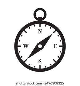 The icon is a black silhouette of a compass. A navigation device for determining the sides of the horizon when traveling. Vector illustration isolated on a white background for design and web.