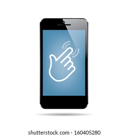 icon of black smartphone with hand cursor on display. vector. eps10