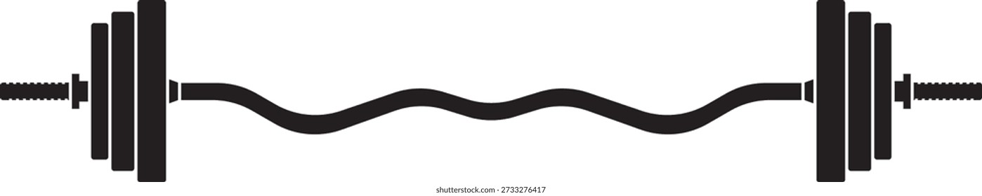 Ein Symbol der schwarzen Vektorgrafik von 1 Zoll Durchmesser EZ Bar, die mit Gewichtsplatten geladen ist. EZ Bar ist eine Art Langhantel, der zum Training von Trizeps, Bizeps und Unterarmen verwendet wird. Viele regelmäßige und Fitnessstudios nutzen dieses Gerät beim Krafttraining.