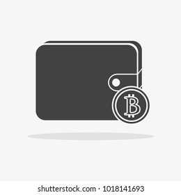 icon, black wallet with bitcoin signal with shadow on background, vector illustration