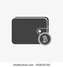 icon, black wallet with bitcoin signal on background, vector illustration