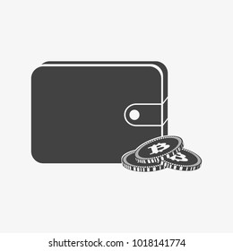 icon, black wallet with bitcoin signal on background, vector illustration