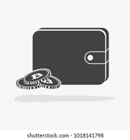 icon, black wallet with bitcoin signal with shadow on background, vector illustration