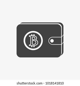icon, black wallet with bitcoin signal on background, vector illustration