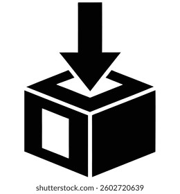 Icon, black and white, cube, arrow pointing down, download symbol, geometric shape, minimalist design, simple graphic,