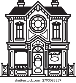 Icon black and white illustration of a victorian style house with intricate details and ornate design elements uncomon design