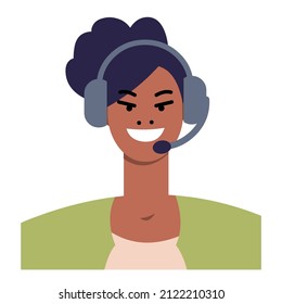 Icon of black woman in headphones isolated on white background. Avatar of the operator in a flat style. Online Support Assistant. Call center. Vector.