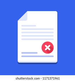 Icon of blank, page, form, summary with x mark. Rejected, denied form.