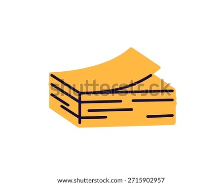 Icon of block of yellow sticky notes. Stack of paper memos, sticker posts, detached pad with adhesive edge. Office stationery for reminders. Flat isolated vector illustration on white background