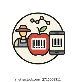 Ícone "Blockchain for Food Traceability" - Um código de barras digitalizável em uma fruta, mostrando sua jornada do agricultor.