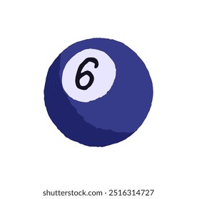 Ícone de bola azul com número seis. Inventário atlético com forma redonda para jogar esporte cue. Equipamento para snooker, bilhar de piscina. Esfera para o jogo. Ilustração de vetor isolado plano sobre fundo branco