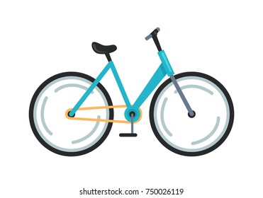 Icon of blue bicycle with black seat and steering and both wheels rotating. Vector illustration of bike isolated on white background
