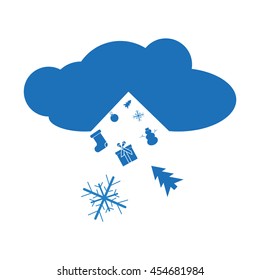 icon blue cloud and falling snowman, snowflake, Christmas tree, gifts. vector illustration.