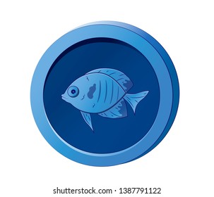 Icon of blue coin with a fish. Animal coin. Investment symbol.