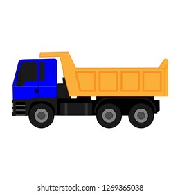 Icon blue dump truck with yellow body on white background