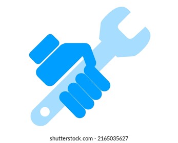 Icon, Blue hand holding a tool, wrench on white background