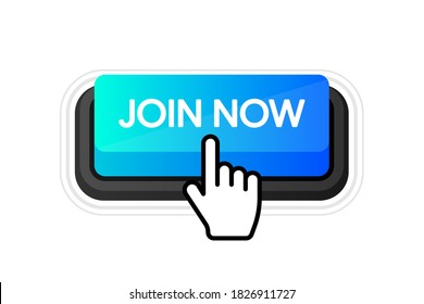 Icon with blue join now 3D button on white background for web marketing design. Flat deign. Social media element. White background. Vector illustration.