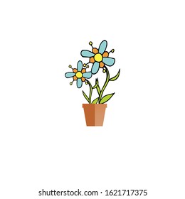 Icon blue and orange flowers in brown pot object isolated flat design stock vector illustration for web, for print