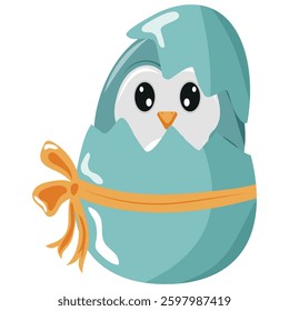 icon of a blue penguin sitting in a blue egg with a bow, design for Easter decorations