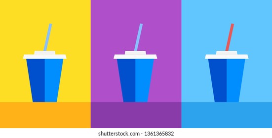 Icon of Blue plastic cup with soda or Ice Tea on Yellow, violet and blue background. Vector illustration for decoration of Cafe menu or Web site.
